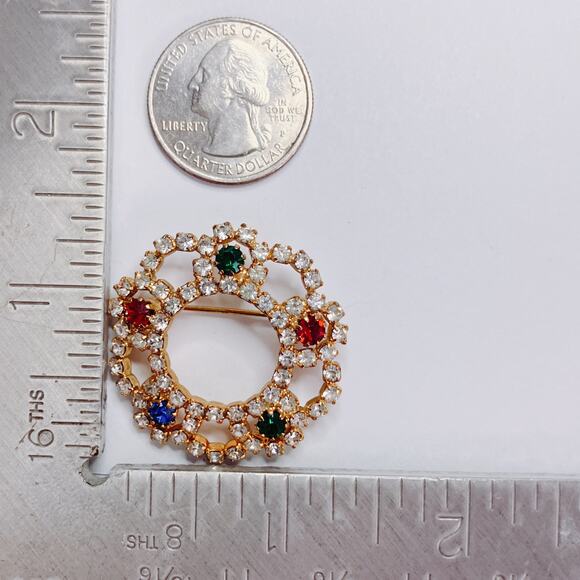Vintage 50s 60s Mid Century Rhinestone Rosette Circle Brooch Gold Tone Sparkling - Picture 9 of 10